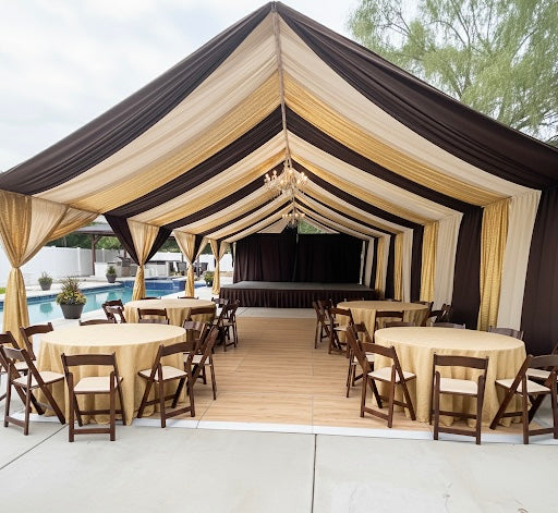12x40 luxury event tent with full white fabric drapery and leg covers, ideal for large wedding receptions in Brentwood, Pasadena, or Marina del Rey.