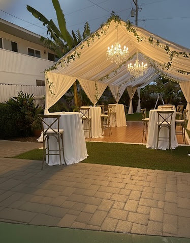 Grand 10x40 event tent rental with premium white drapery and pole covers for a luxury wedding in Brentwood, Pasadena, or Marina del Rey.