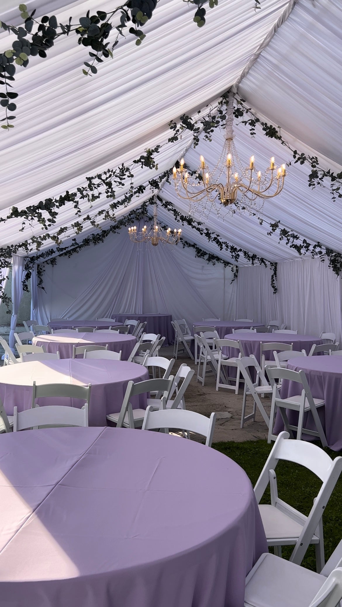 10x50 luxury event tent with premium white drapery and decorative leg wraps for a grand wedding reception in Pasadena, Brentwood, or Santa Monica.