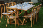 Natural wood Farm tables with 10 Natural wood cross back chairs