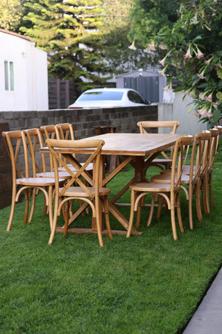 Natural wood Farm tables with 10 Natural wood cross back chairs