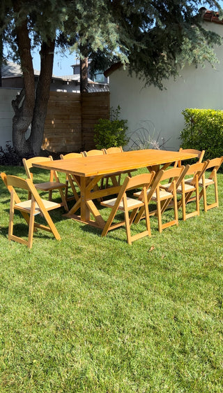 Natural wood farm tables with Natural wood padded chairs set (includes 1 farm table 10 padded chairs)