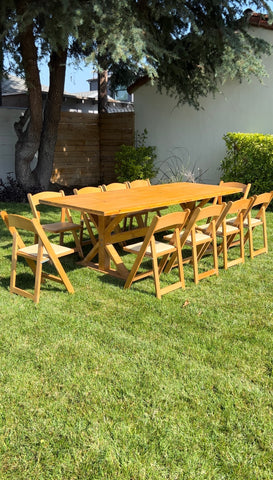 Natural wood farm tables with Natural wood padded chairs set (includes 1 farm table 10 padded chairs)